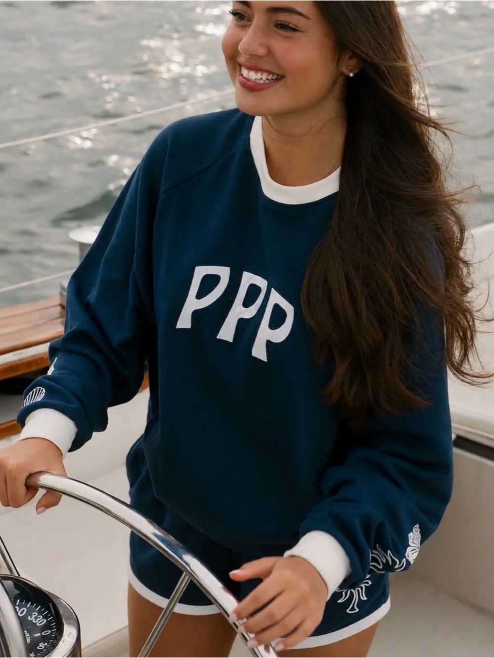 Pink Palm Puff Classic Crewneck Sweatshirt Navy